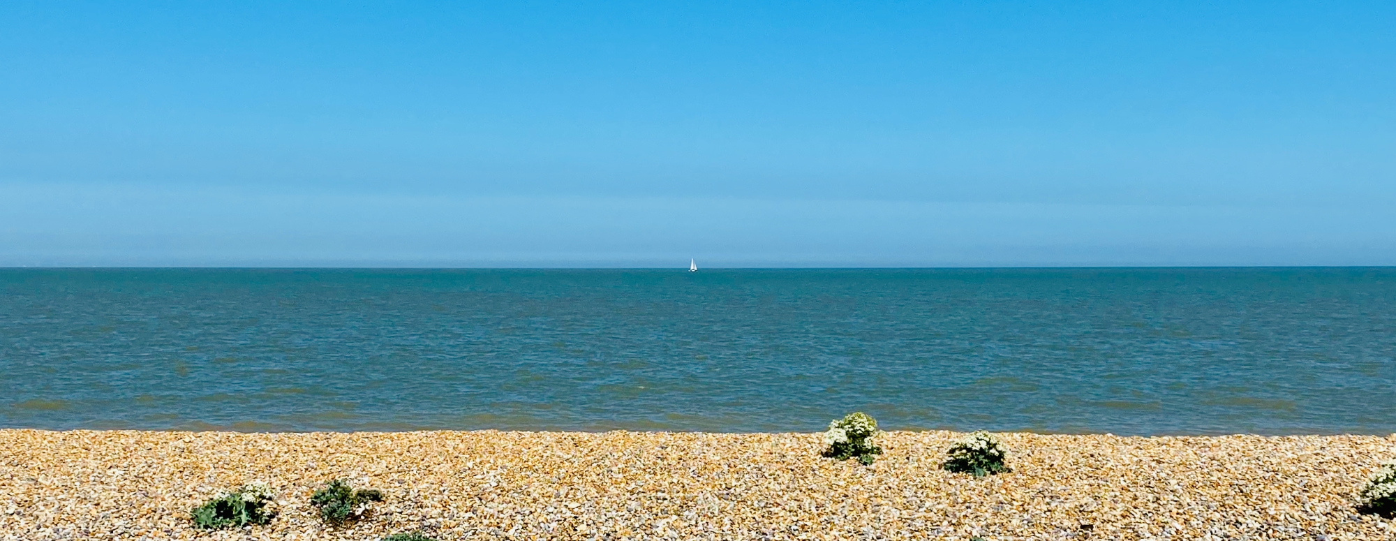 Sea shore with yacht in the distance